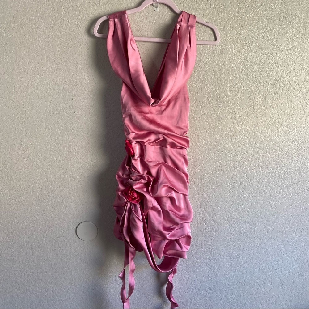 For Love and Lemons Ruched Pink Floral Appliqué Dress
